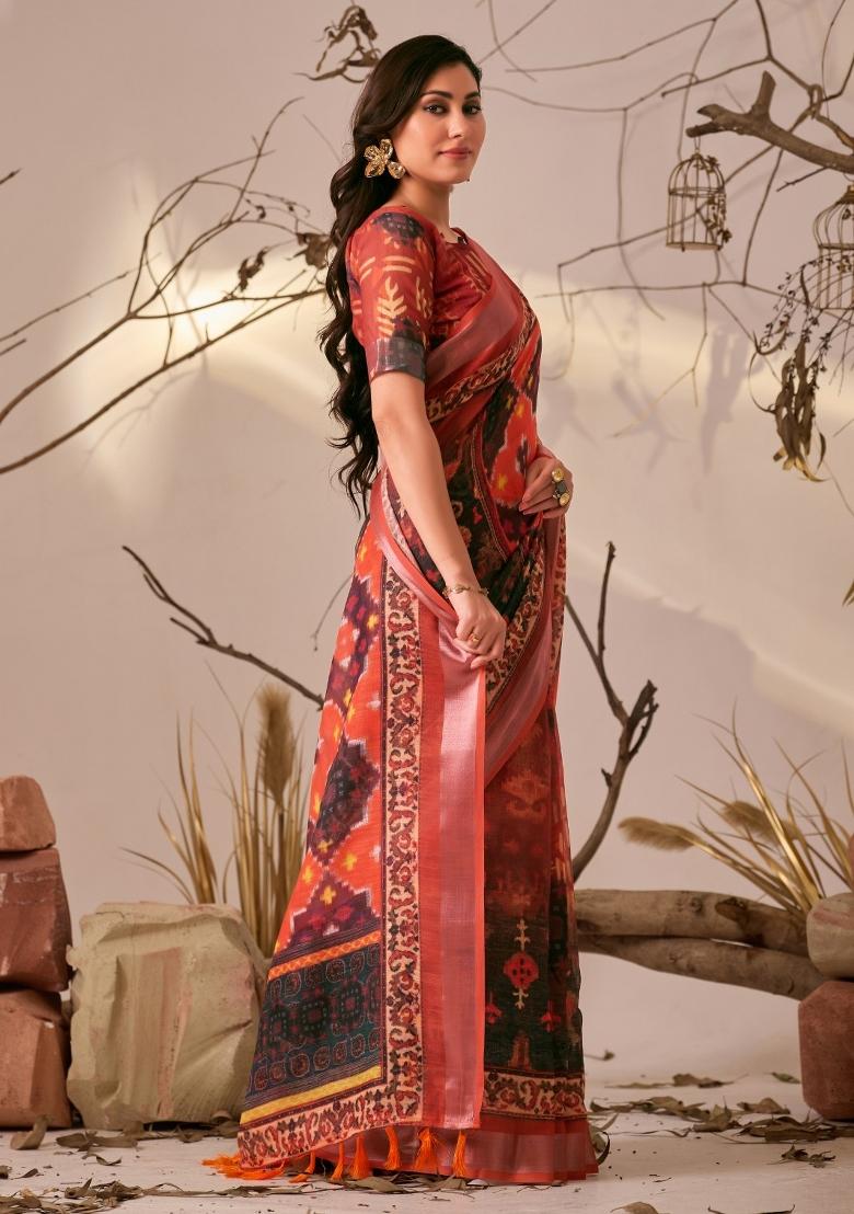 Red Embroidery Linen Saree Set - Indya