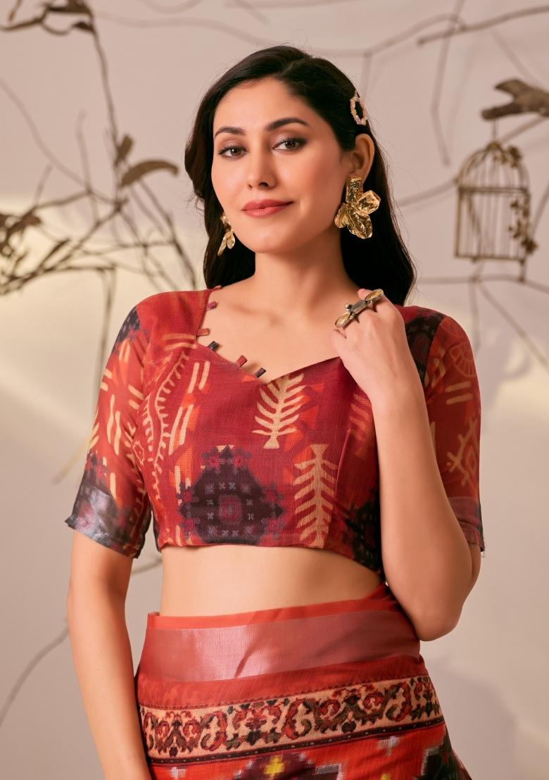 Red Embroidery Linen Saree Set - Indya