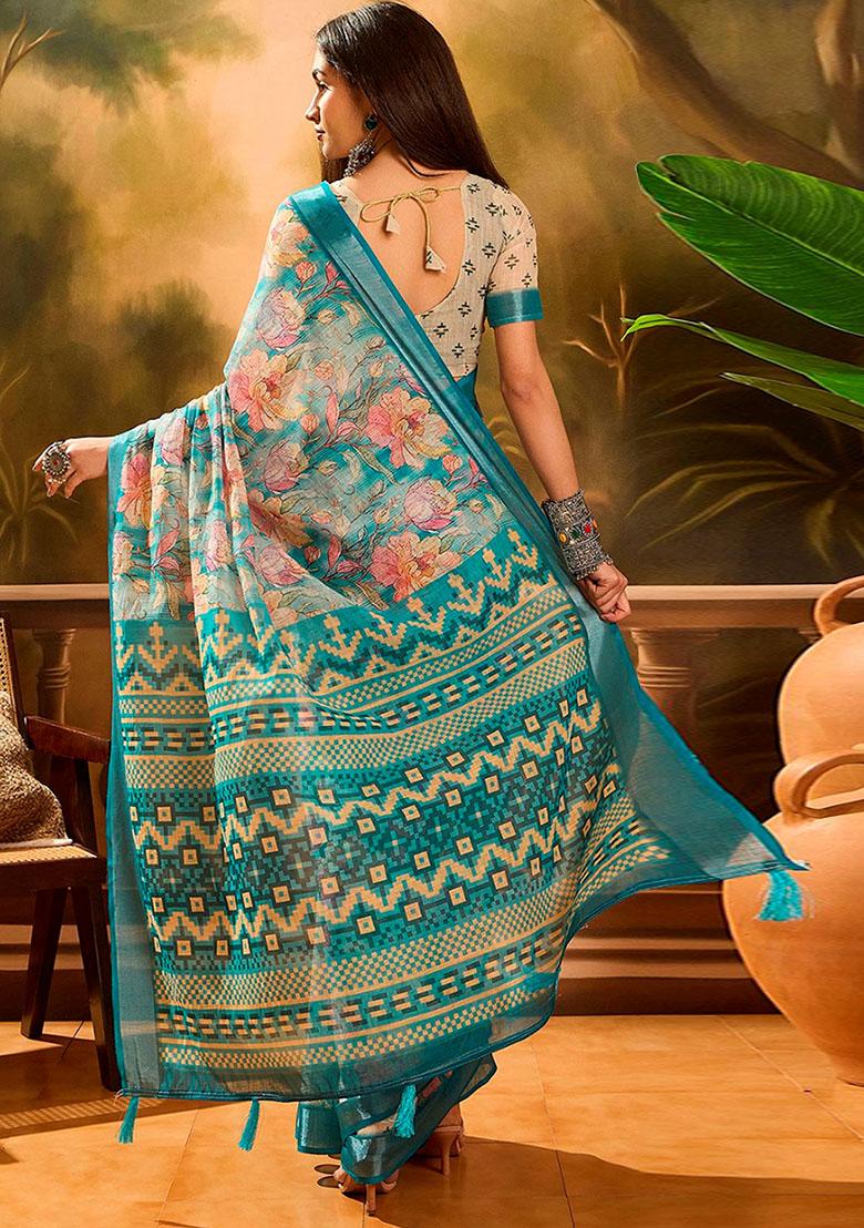 Blue Embroidery Linen Saree Set - Indya