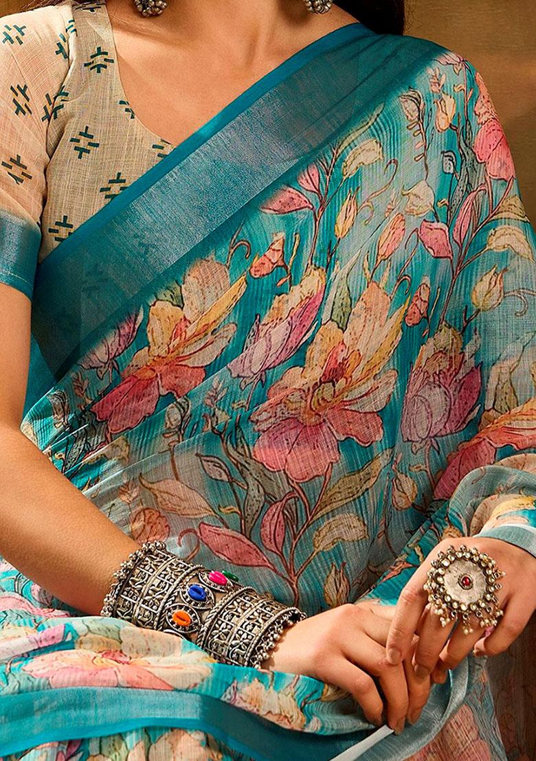 Blue Embroidery Linen Saree Set - Indya