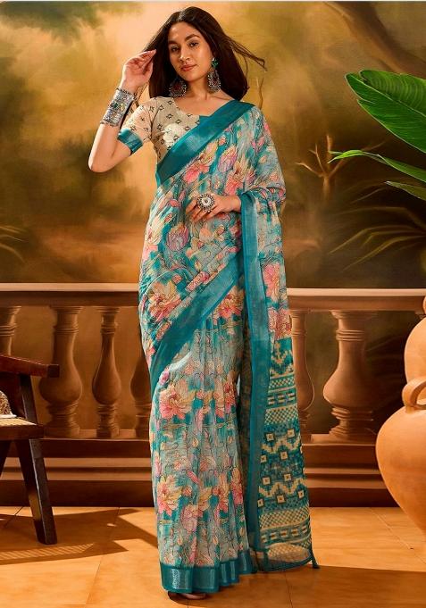 Blue Embroidery Linen Saree Set