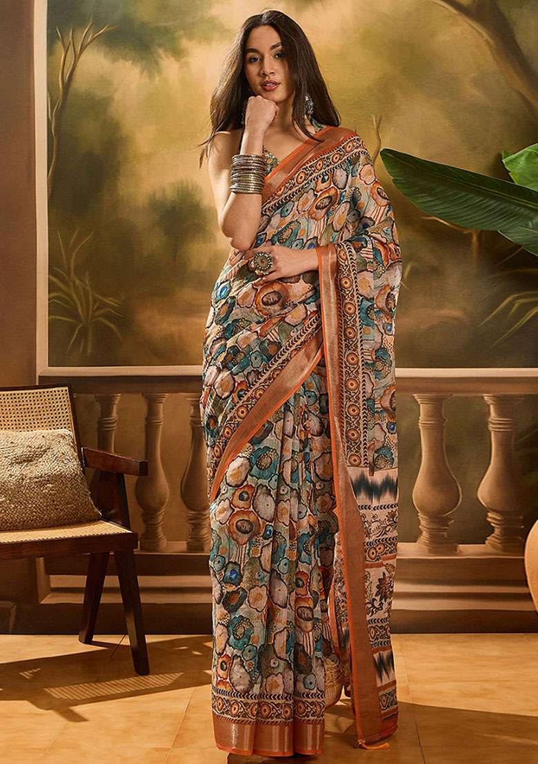 Multicolor Linen Saree Set with Embroidery for Diwali | Wedding & Festive Wear - Indya