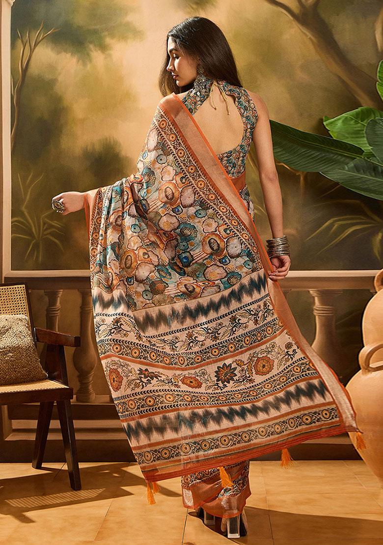 Multicolor Embroidery Linen Saree Set - Indya