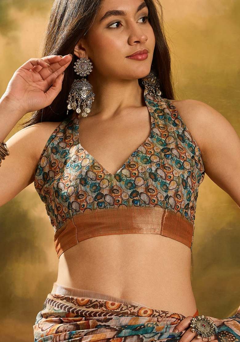Multicolor Linen Saree Set with Embroidery for Diwali | Wedding & Festive Wear - Indya