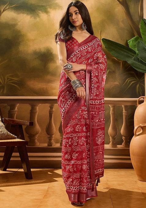 Red Embroidery Linen Saree Set