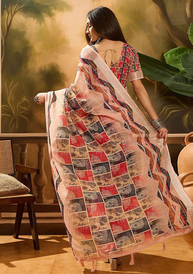 Multicolor Embroidery Linen Saree Set - Indya