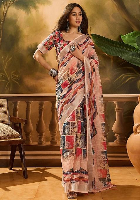 Multicolor Embroidery Linen Saree Set
