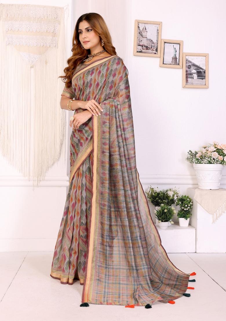 Brown Embroidery Chanderi Saree Set - Indya