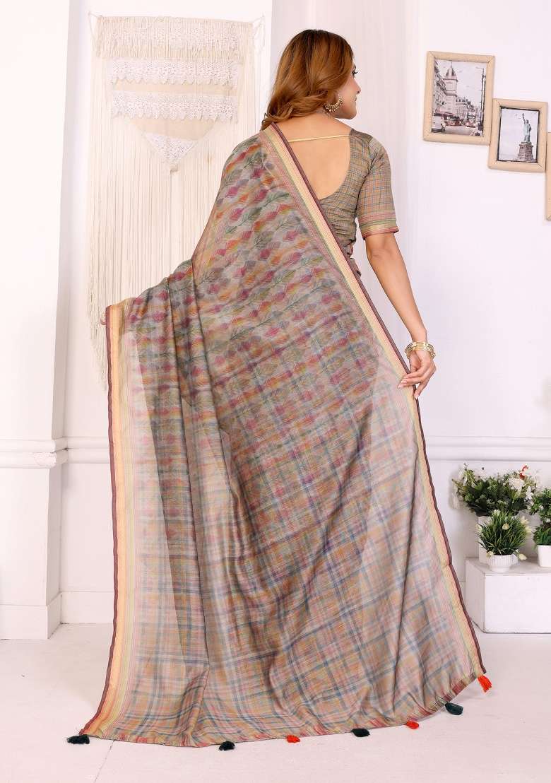 Brown Embroidery Chanderi Saree Set for Diwali and Festive Wear - Indya