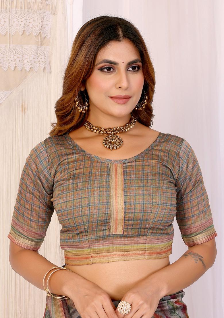 Brown Embroidery Chanderi Saree Set - Indya