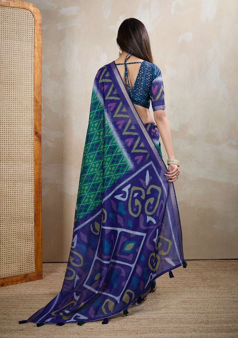 Green Embroidery Chanderi Saree Set for Diwali and Festive Wear - Indya