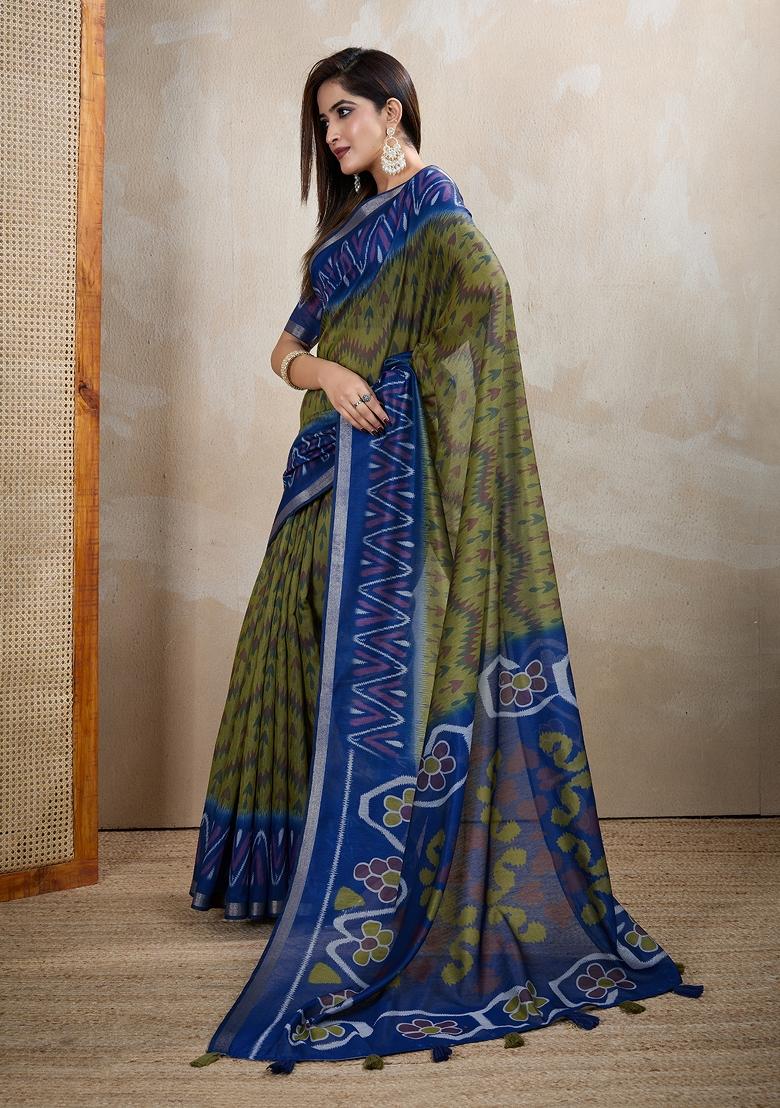 Olive Green Embroidery Chanderi Saree Set - Indya