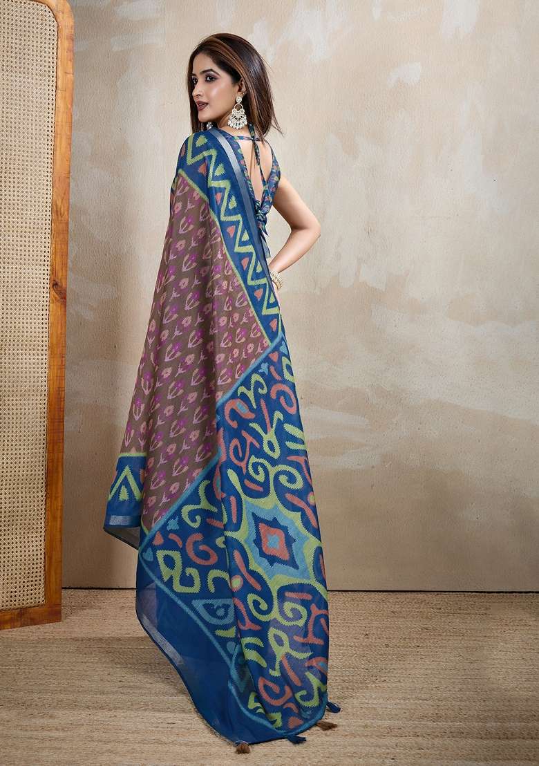 Brown Embroidery Chanderi Saree Set for Diwali and Festive Wear - Indya