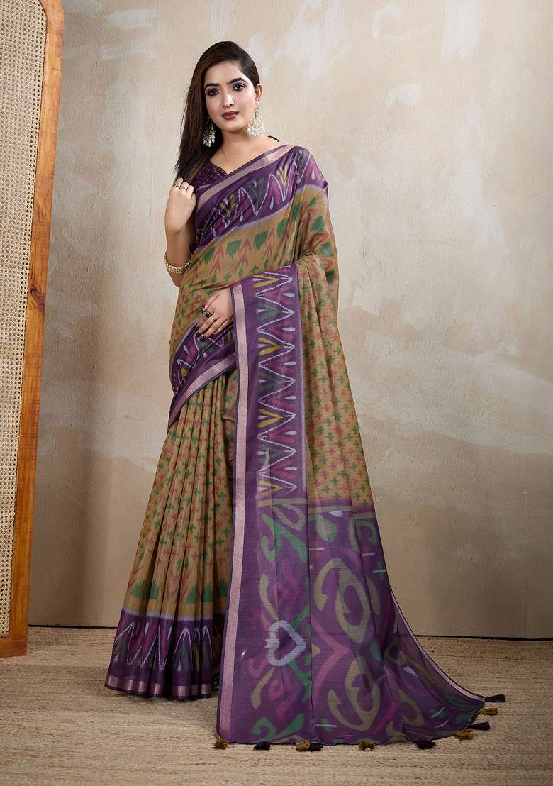 Brown Embroidery Chanderi Saree Set for Diwali and Festive Wear - Indya