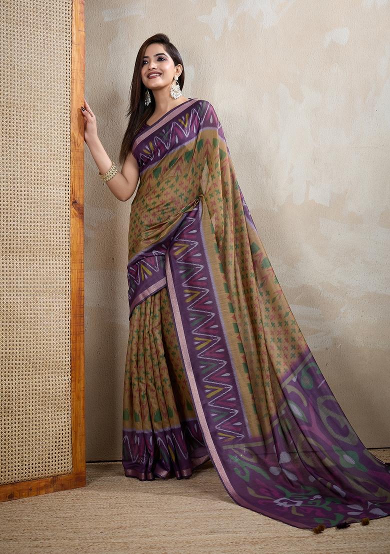 Brown Embroidery Chanderi Saree Set - Indya