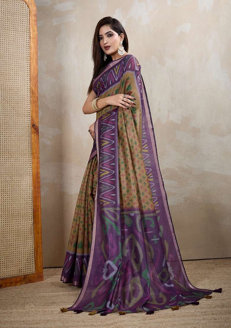 Brown Embroidery Chanderi Saree Set for Diwali and Festive Wear - Indya