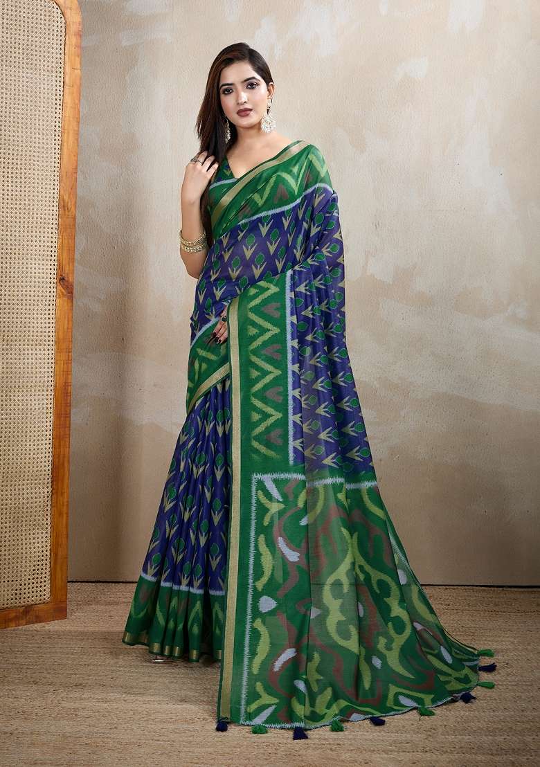 Blue Embroidery Chanderi Saree Set for Diwali and Festive Wear - Indya