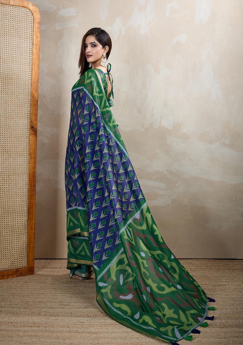 Blue Embroidery Chanderi Saree Set - Indya