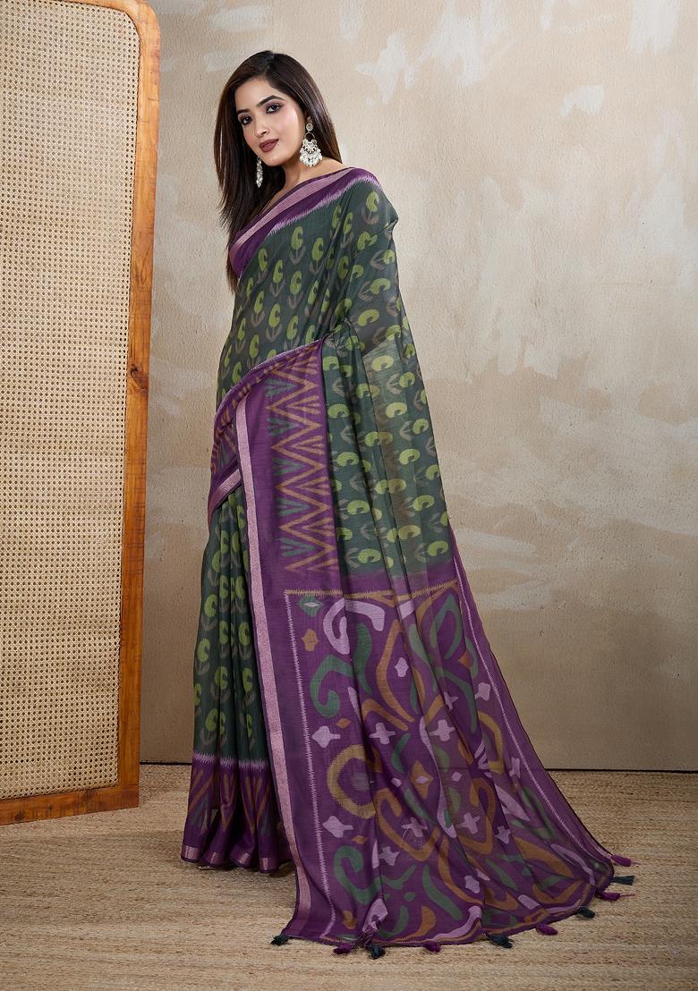 Grey Embroidery Chanderi Saree Set - Indya