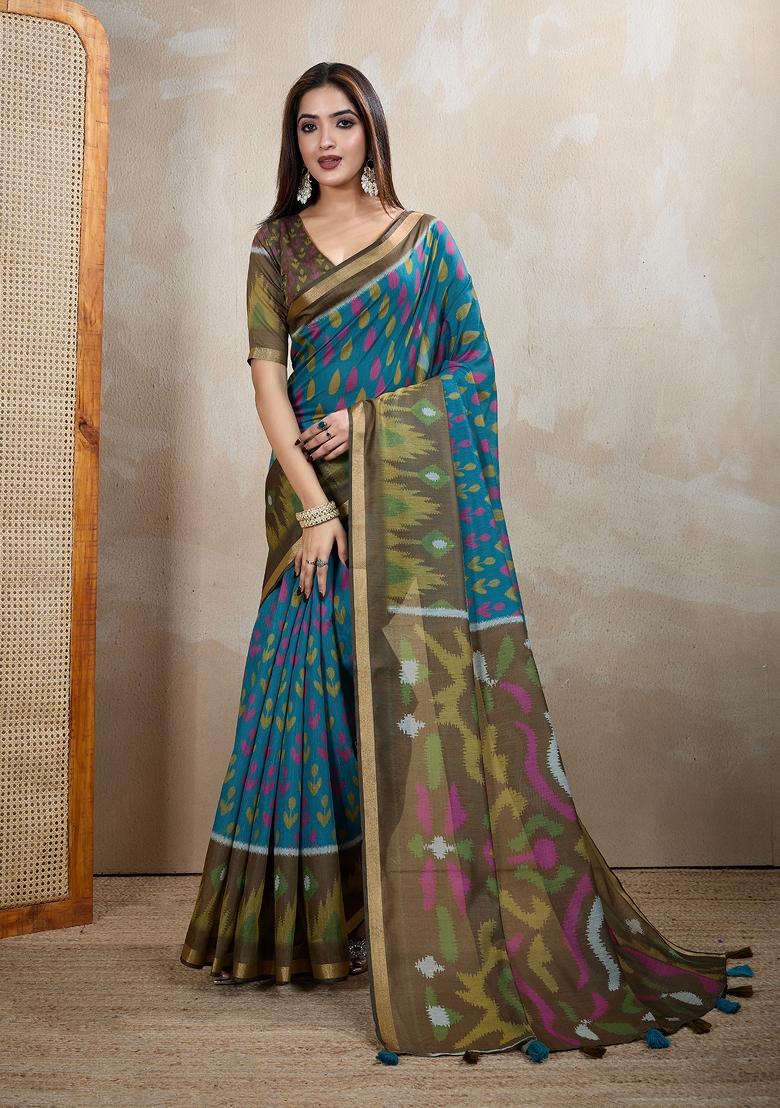Blue Embroidery Chanderi Saree Set - Indya