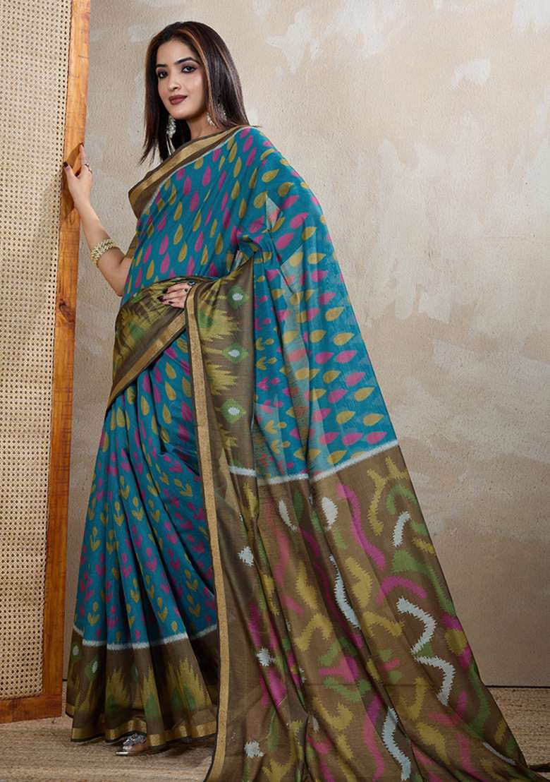 Blue Chanderi Saree Set with Embroidery for Diwali | Wedding & Festive Wear - Indya