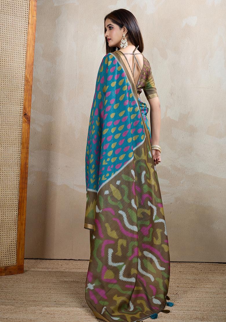 Blue Embroidery Chanderi Saree Set - Indya