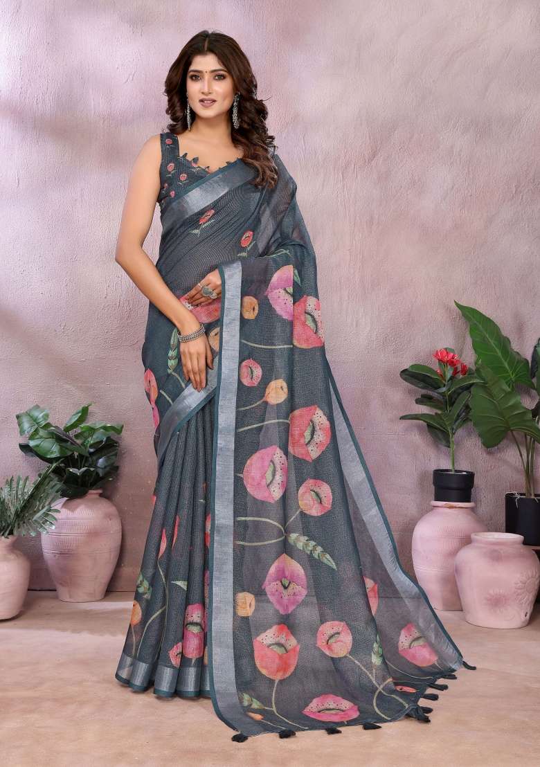 Grey Embroidery Linen Saree Set for Diwali and Festive Wear - Indya