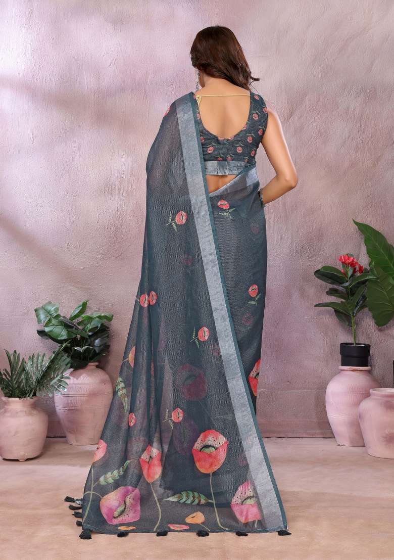 Grey Embroidery Linen Saree Set for Diwali and Festive Wear - Indya
