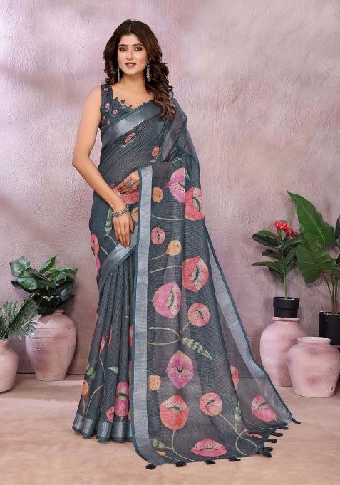 Grey Embroidery Linen Saree Set