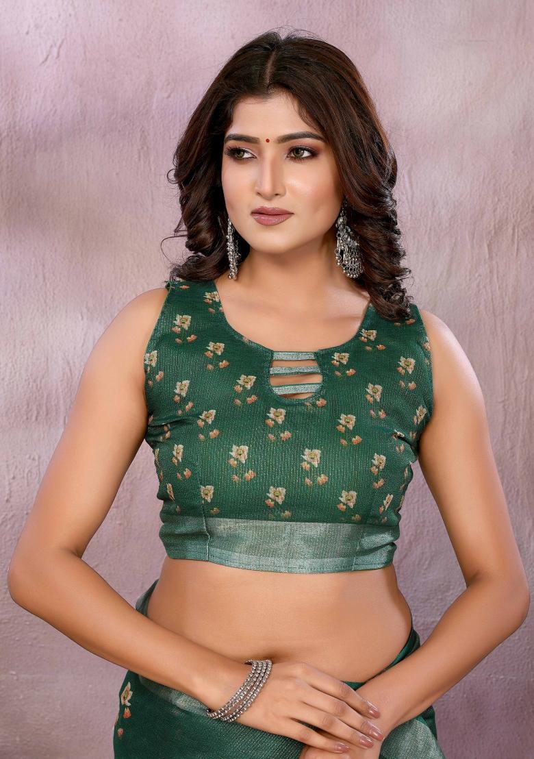 Green Embroidery Linen Saree Set - Indya