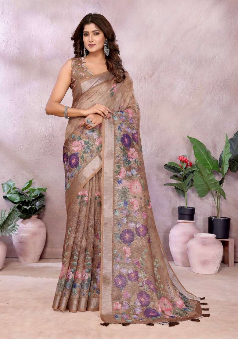 Brown Linen Saree Set with Embroidery for Diwali | Wedding & Festive Wear - Indya