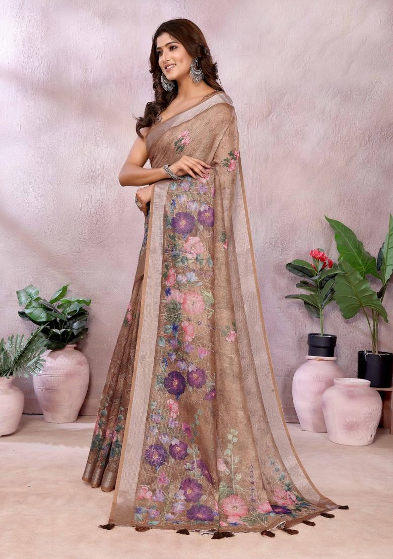 Brown Embroidery Linen Saree Set - Indya