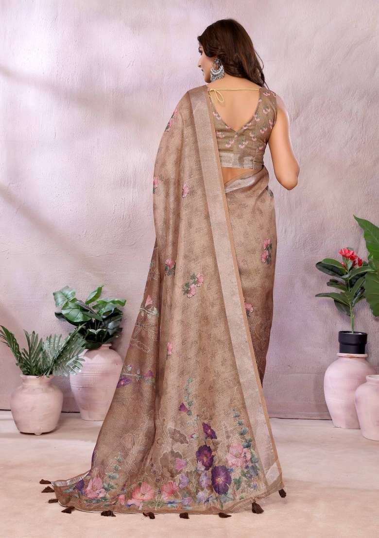 Brown Linen Saree Set with Embroidery for Diwali | Wedding & Festive Wear - Indya