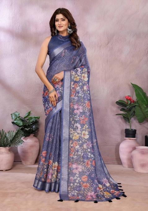 Blue Embroidery Linen Saree Set