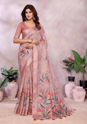 Peach Embroidery Linen Saree Set