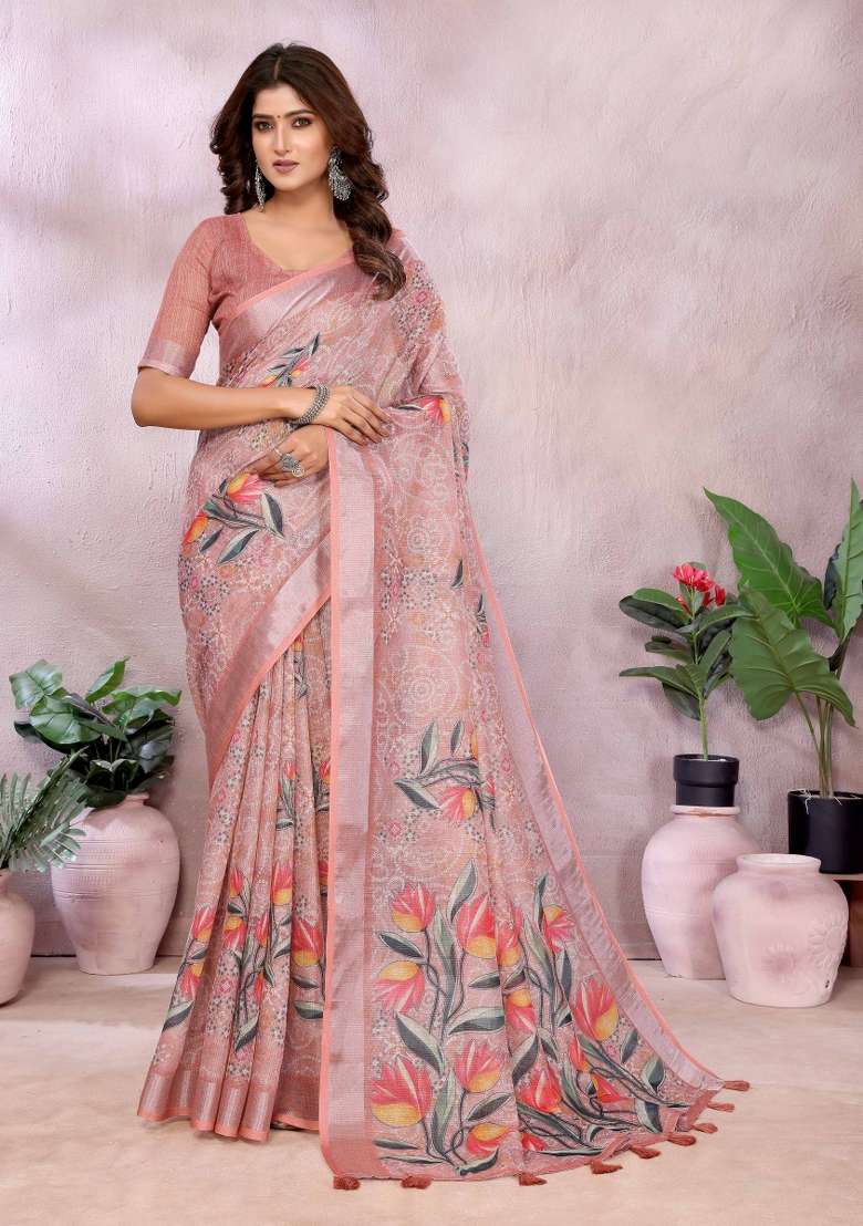 Peach Linen Saree Set with Embroidery for Diwali | Wedding & Festive Wear - Indya