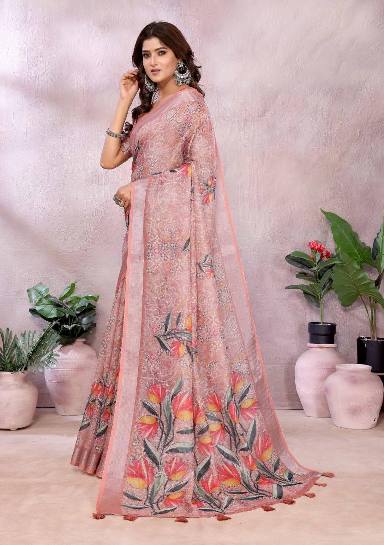 Peach Embroidery Linen Saree Set - Indya