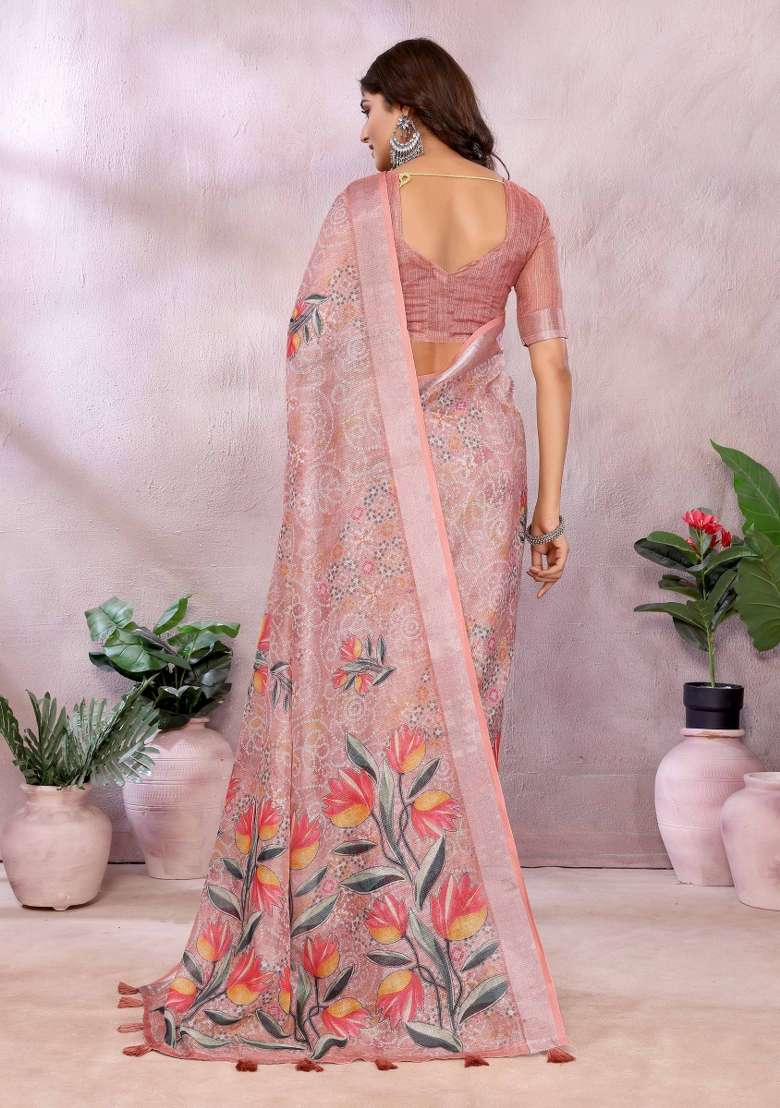 Peach Linen Saree Set with Embroidery for Diwali | Wedding & Festive Wear - Indya