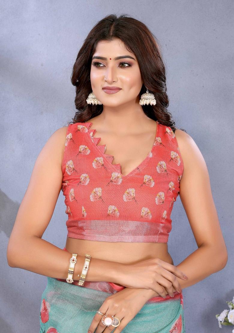 Green And Blue Embroidery Linen Saree Set - Indya