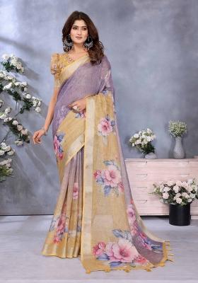 Purple And Yellow Embroidery Linen Saree Set