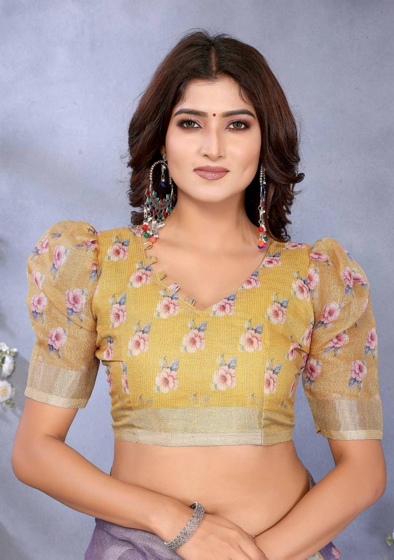 Purple And Yellow Embroidery Linen Saree Set - Indya