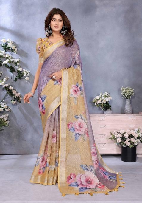 Purple And Yellow Embroidery Linen Saree Set