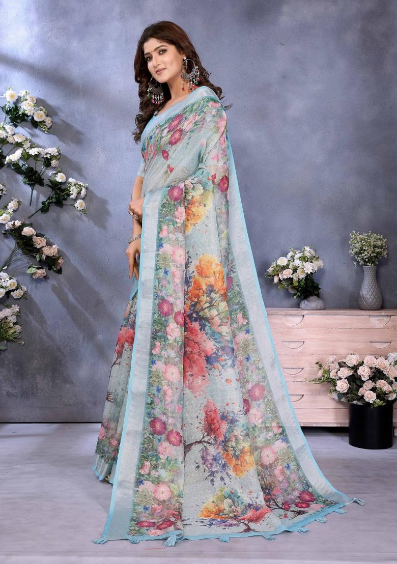 Sky Blue Embroidery Linen Saree Set - Indya
