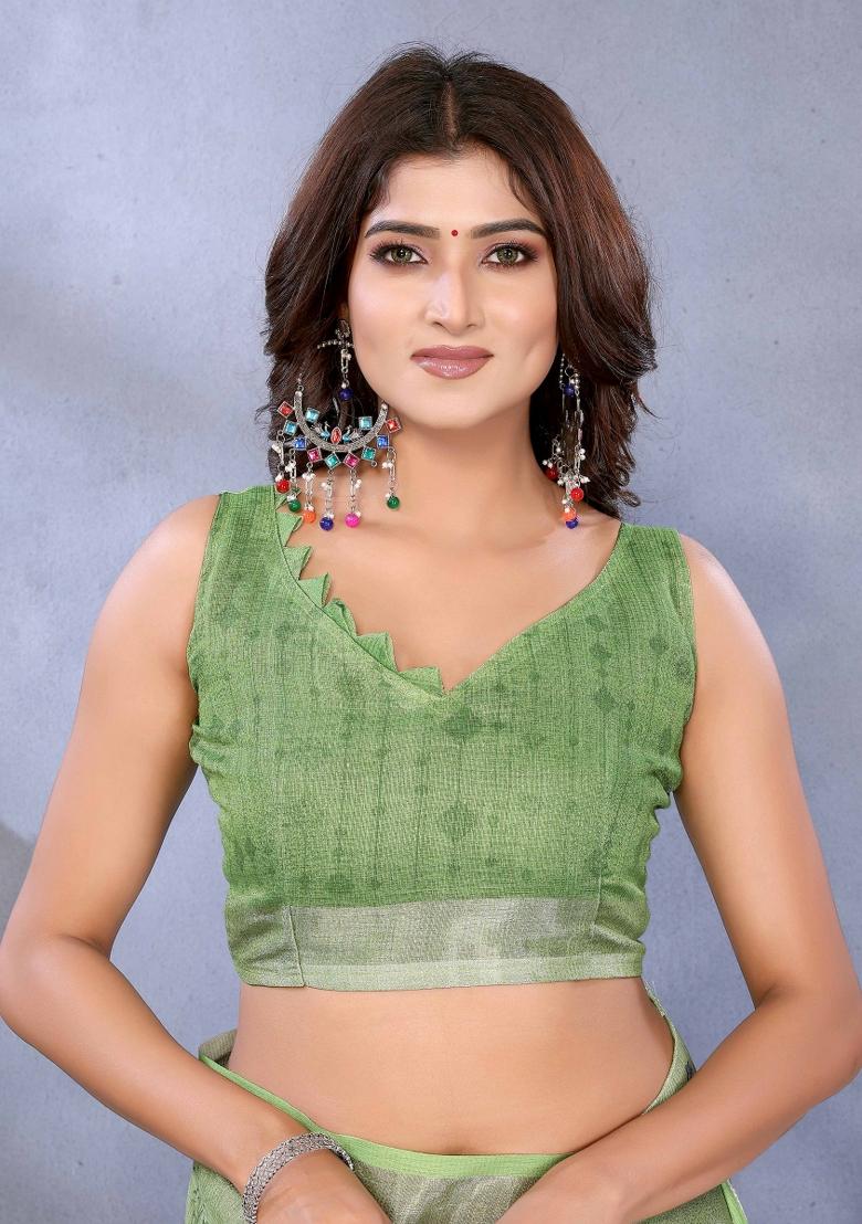 Light Green Embroidery Linen Saree Set - Indya