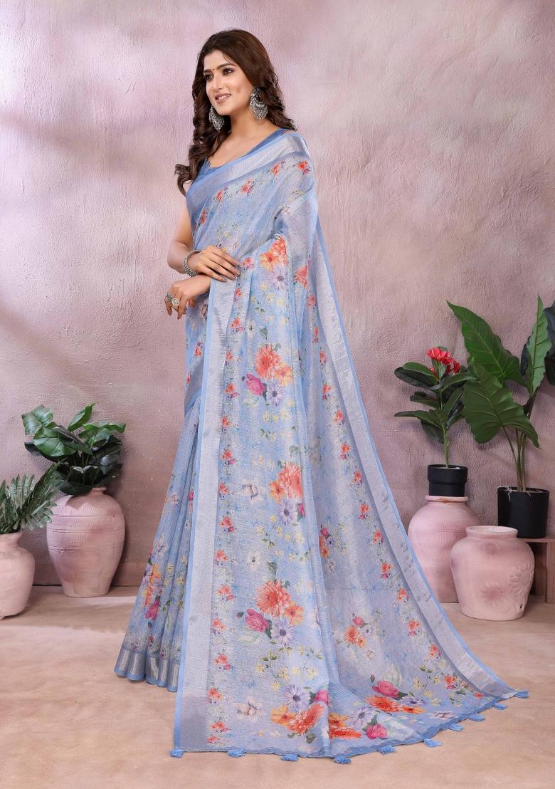 Blue Embroidery Linen Saree Set - Indya