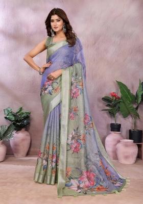 Blue And Green Embroidery Linen Saree Set