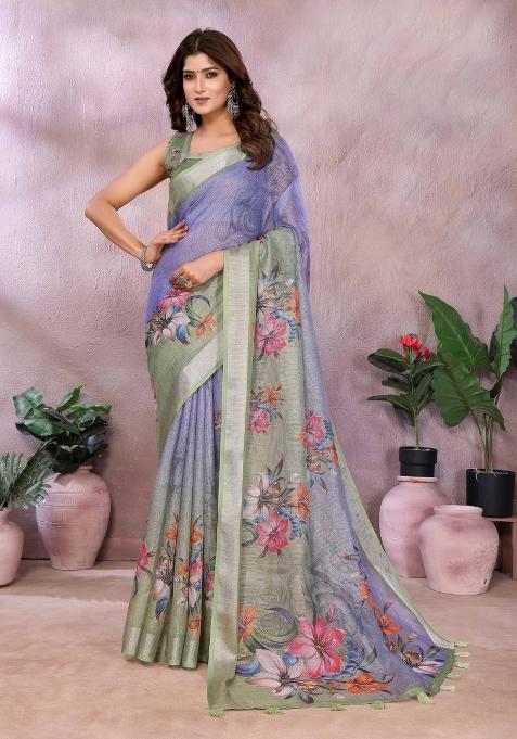 Blue And Green Embroidery Linen Saree Set