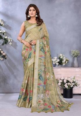 Olive Green Embroidery Linen Saree Set
