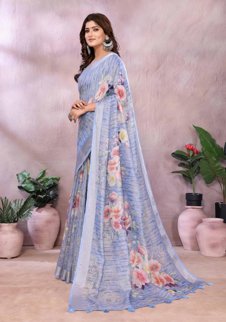 Blue Embroidery Linen Saree Set - Indya