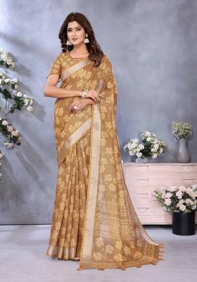 Brown Embroidery Linen Saree Set